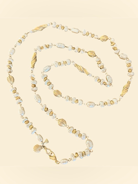 Liz Claiborne Jewelry - Vintage Liz Claiborne Pearl Necklace Gold Beads 38” Coastal Shell Charm 90s